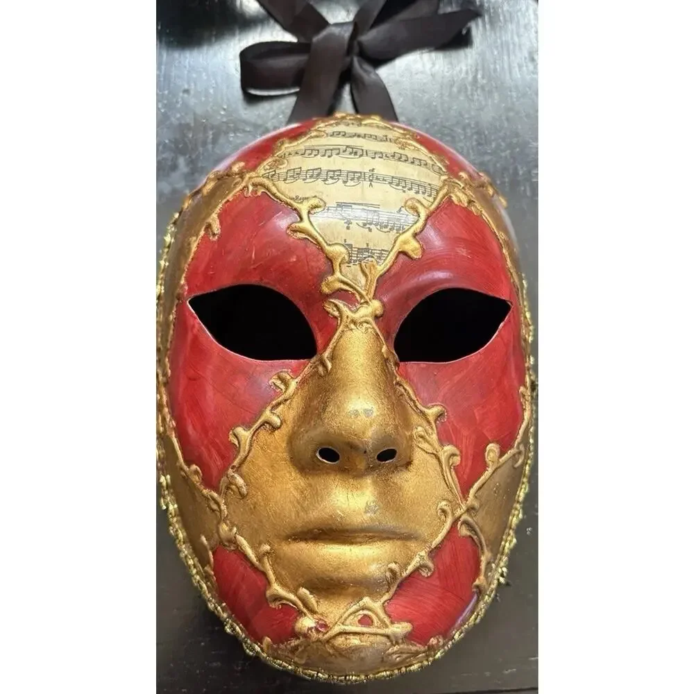 Venetian Mask Italy Hand Painted Volto Music Notes Red Gold Wall Decor Art VtG